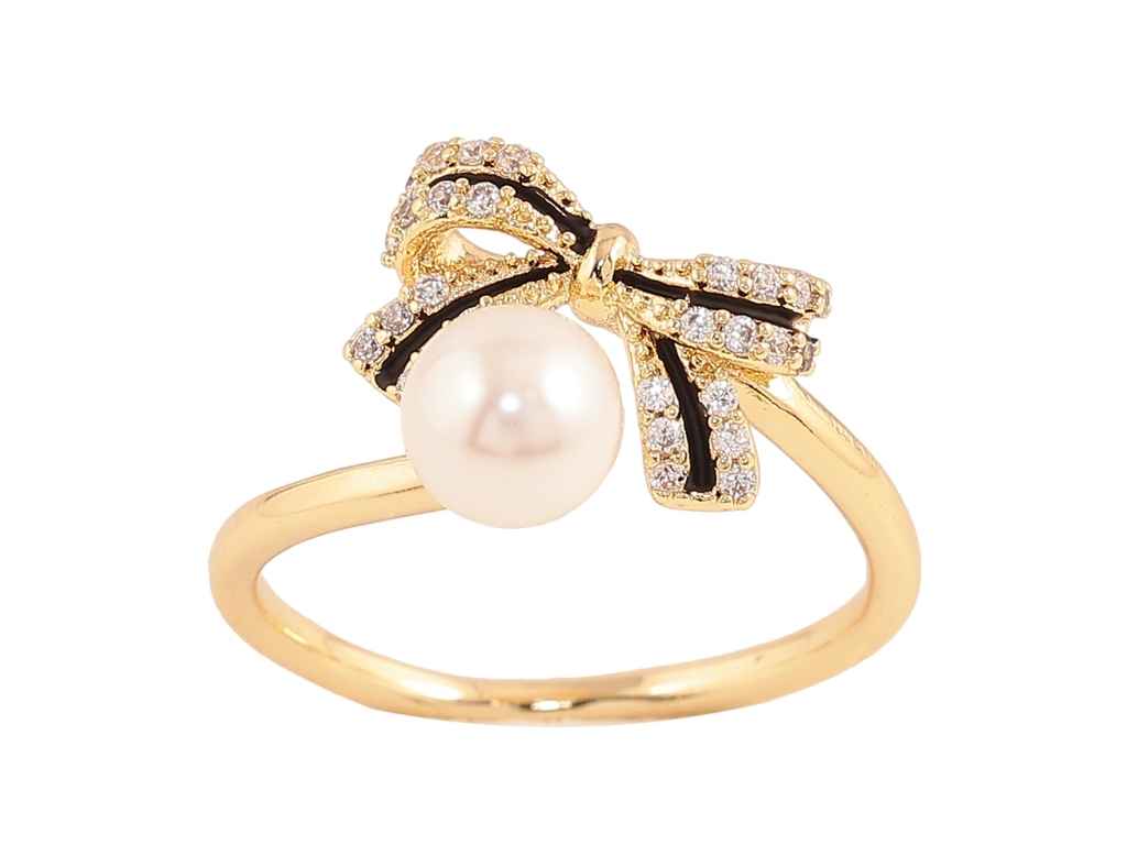 Каблучка Позолота 14K Бант з кристалами, чорною емаллю та перлиною 11199 р.16-17 ТМ XUPING Каблучка Позолота 14K Бант з кристалами, чорною емаллю та перлиною 11199 р.16-17 ТМ XUPING