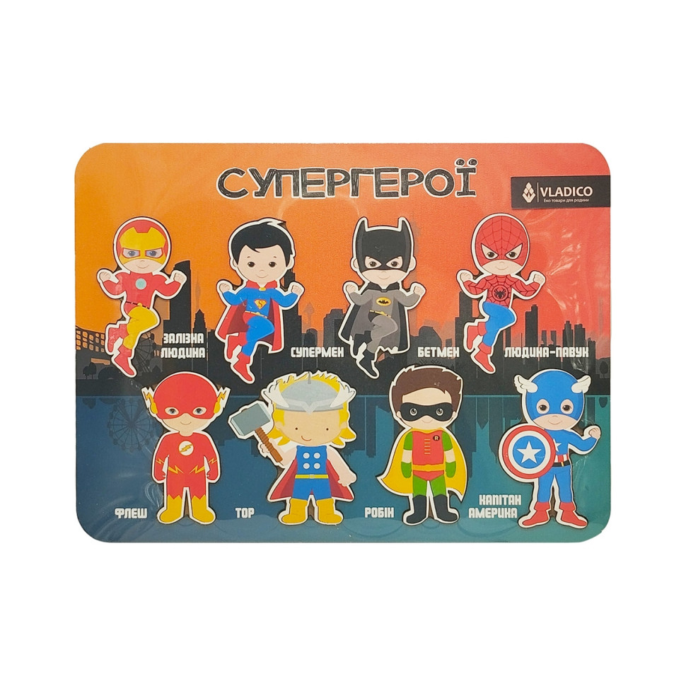 Дерев'яний пазл-вкладиш "Супер герої" 3240-05-003, 34х25 см, 8 елементів Дерев'яний пазл-вкладиш "Супер герої" 3240-05-003, 34х25 см, 8 елементів