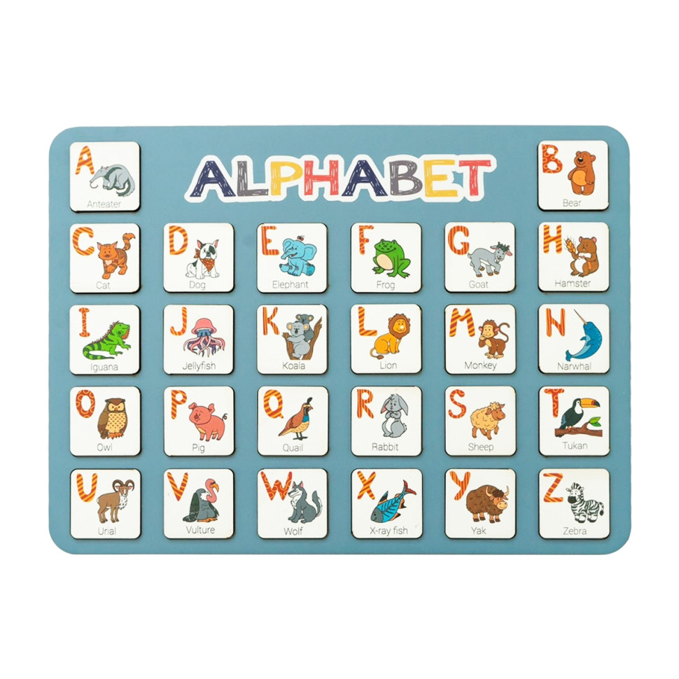 Дерев'яна абетка-вкладиш англійська "ALPHABET" 3240-03-002 синя 29х39 см Дерев'яна абетка-вкладиш англійська "ALPHABET" 3240-03-002 синя 29х39 см