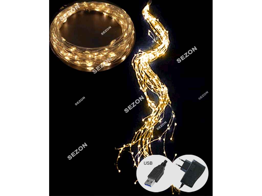 Гірлянда-пучок роса 300LED білий теплий 2м 15 ліній8 режимівUSBпульт ТМ КИТАЙ Гірлянда-пучок роса 300LED білий теплий 2м 15 ліній8 режимівUSBпульт ТМ КИТАЙ