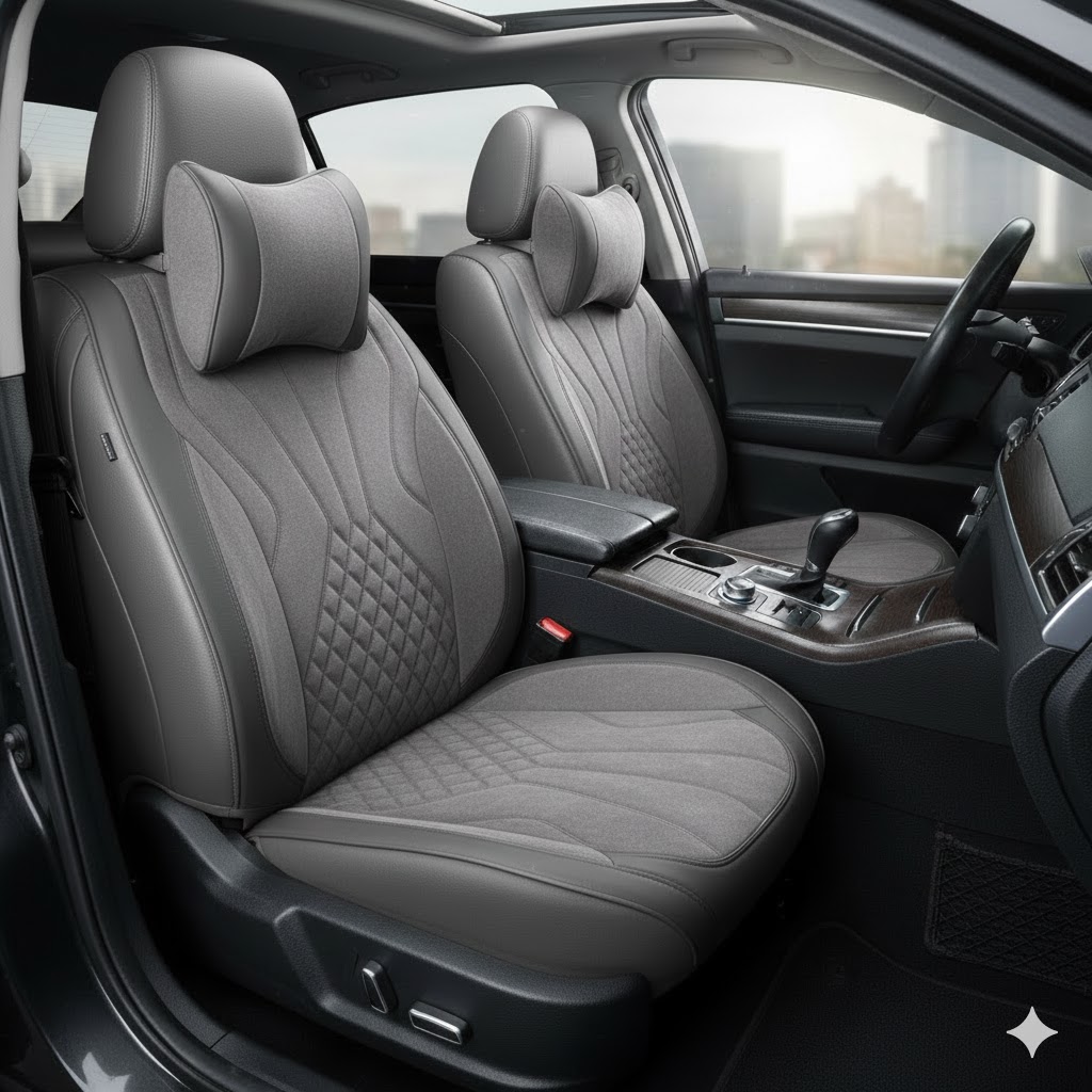 Чохли - Накидки сидіння Алькантара + Шкір. зам 5D "NAMI" (спинка закрита) Сірі Чохли - Накидки сидіння Алькантара + Шкір. зам 5D "NAMI" (спинка закрита) Сірі