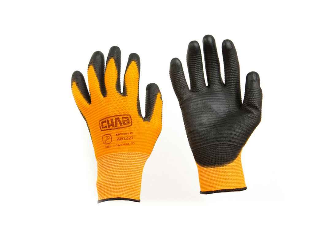 Перчатки робочі з поліуретановим покриттям 10(XL) трикотажні (оранжчорний манжет без підвіса/хедера) ТМ СИЛА Перчатки робочі з поліуретановим покриттям 10(XL) трикотажні (оранжчорний манжет без підвіса/хедера) ТМ СИЛА