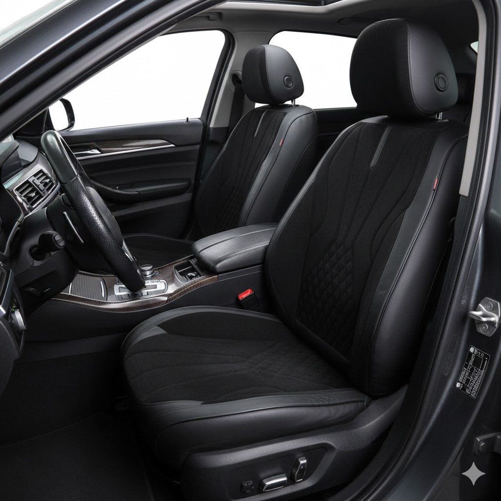 Чохли - Накидки сидіння Алькантара + Шкір. зам 5D "NAMI" (спинка закрита) Чорні Чохли - Накидки сидіння Алькантара + Шкір. зам 5D "NAMI" (спинка закрита) Чорні