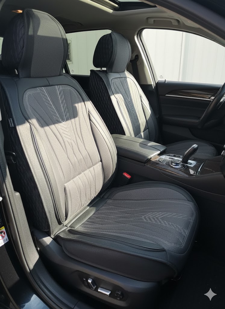 Чохли - Накидки сидіння Тканина 5D "HANZO" (спинка закрита) Сірий/біла нитка Чохли - Накидки сидіння Тканина 5D "HANZO" (спинка закрита) Сірий/біла нитка