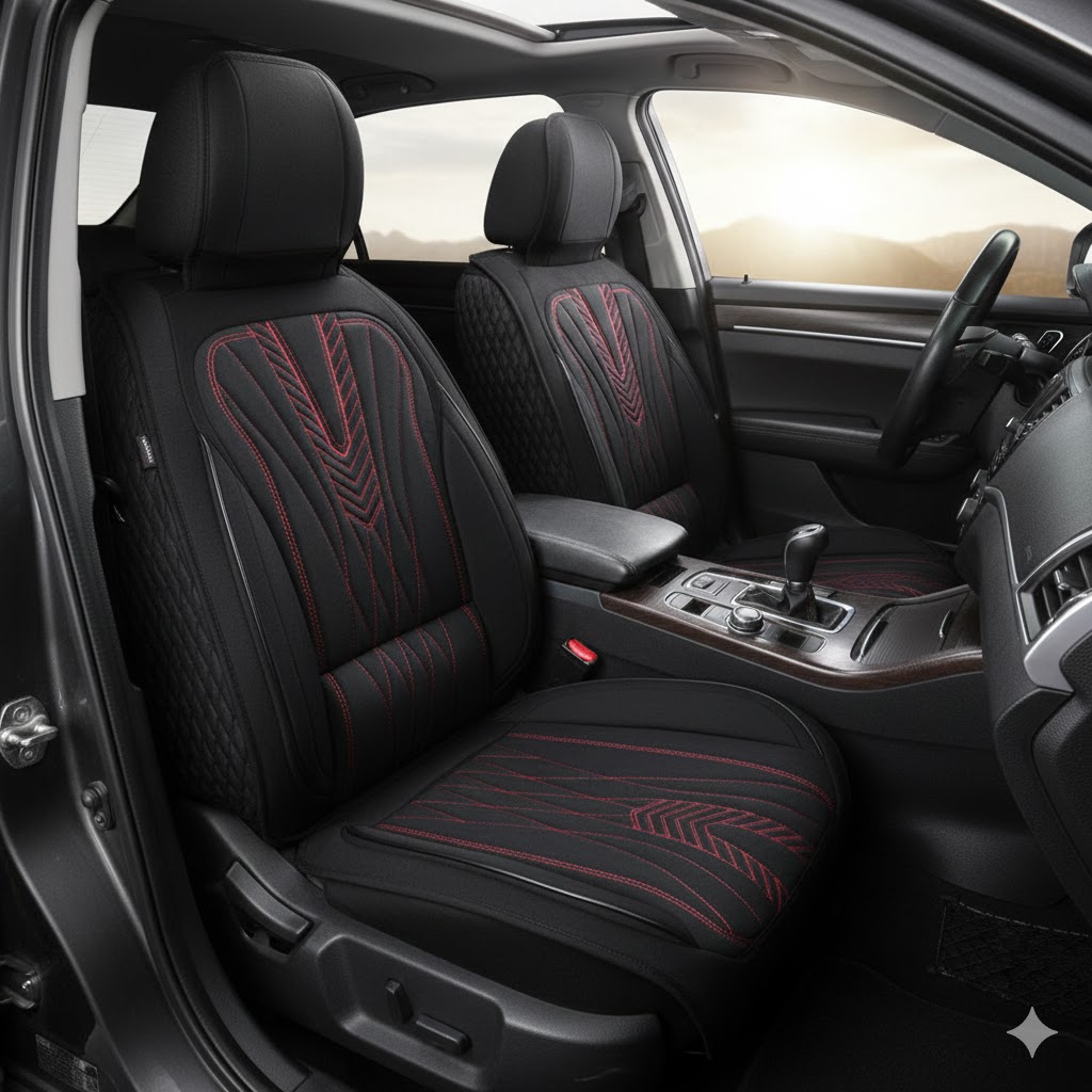 Чохли - Накидки сидіння Тканина 5D "HANZO" (спинка закрита) Чорний/червона нитка Чохли - Накидки сидіння Тканина 5D "HANZO" (спинка закрита) Чорний/червона нитка