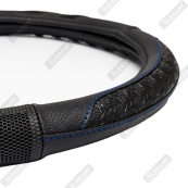 Чохол на кермо шкіра "L" (39-40см) чорний Elegant 115202 вставка листок,синя нитка. Зображення №3