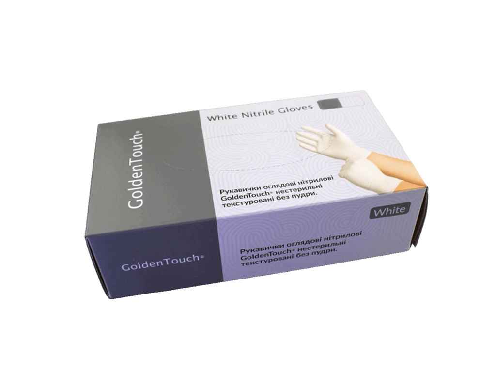 Рукавички нітрилові оглядові 50пар S Білі (нестер/текстур/без пудри) ТМ GOLDENTOUCH Рукавички нітрилові оглядові 50пар S Білі (нестер/текстур/без пудри) ТМ GOLDENTOUCH