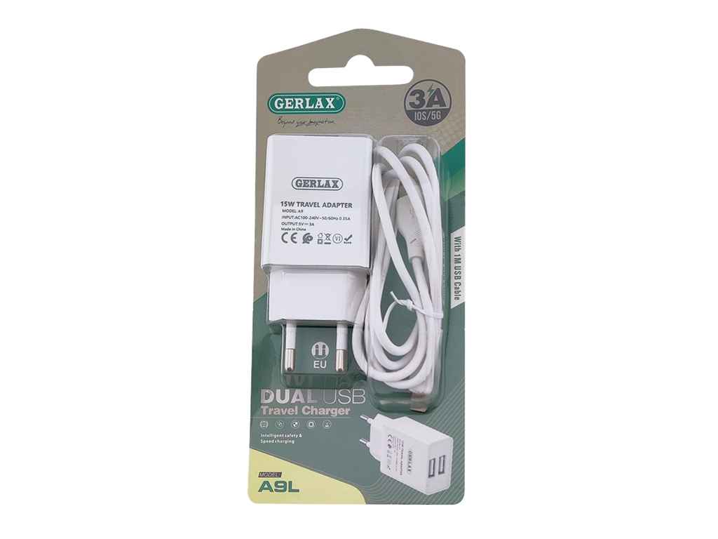 Мережевий зарядний пристрій iPhone Lightning A9L 3A-2USB 15w біле 1м блістер ТМ Gerlax Мережевий зарядний пристрій iPhone Lightning A9L 3A-2USB 15w біле 1м блістер ТМ Gerlax