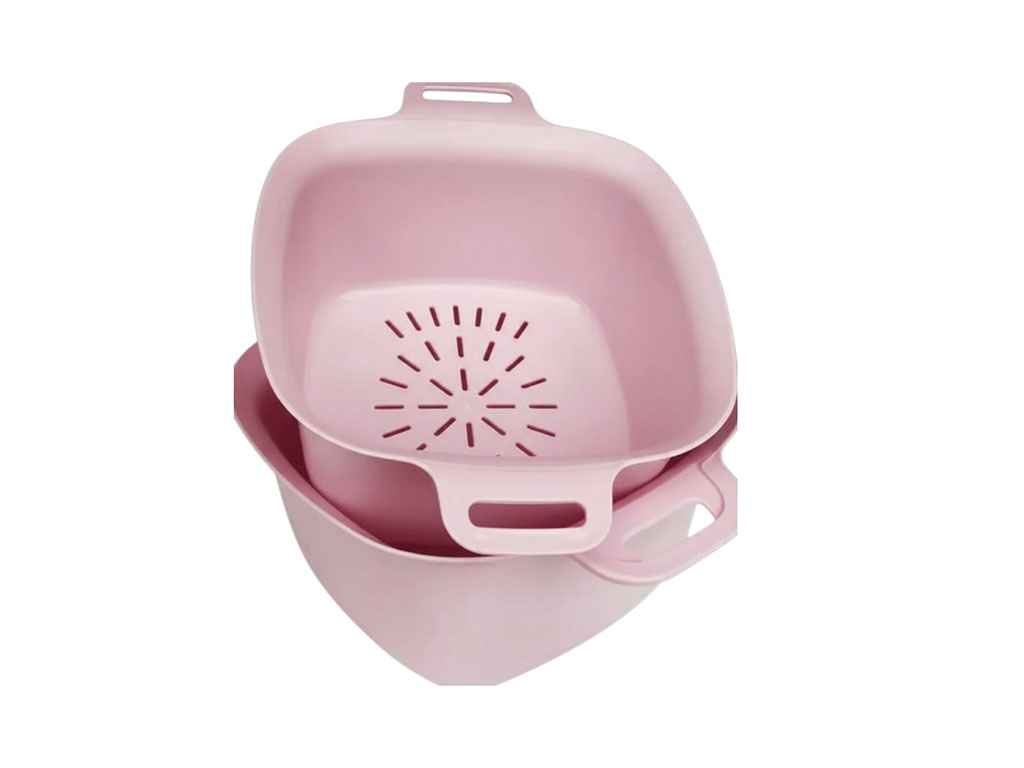 Миска пл. 3л квадратна з ручками і друшляком пудра ТМ ПОЛІМЕРАГРО Миска пл. 3л квадратна з ручками і друшляком пудра ТМ ПОЛІМЕРАГРО