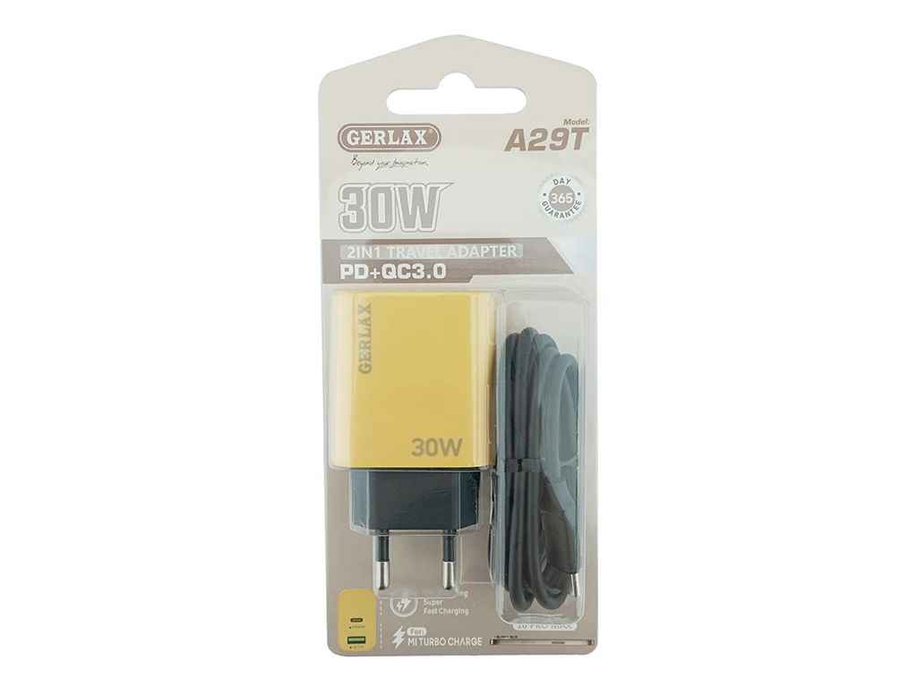 Сетевое зарядное устройство Type-C A29T 3A/QC3.0/30W желтое ТМ GERLAX Сетевое зарядное устройство Type-C A29T 3A/QC3.0/30W желтое ТМ GERLAX