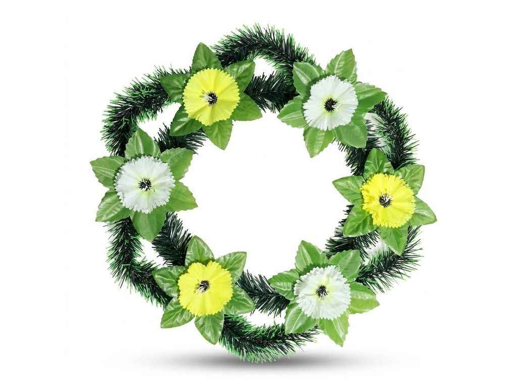 Вінок поминальний Волошка з листочками 40х40см біло-жовтий ТМ MEMORI Вінок поминальний Волошка з листочками 40х40см біло-жовтий ТМ MEMORI