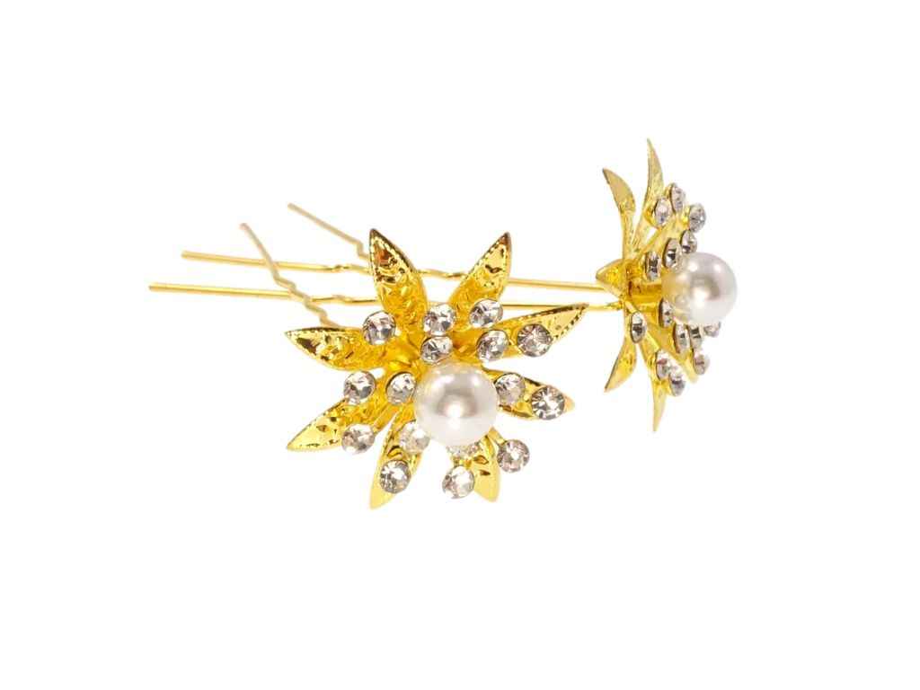 Шпильки для волосся 7,5см 20шт Золота квітка зі стразами та перлиною арт.085846 ТМ XUPING Шпильки для волосся 7,5см 20шт Золота квітка зі стразами та перлиною арт.085846 ТМ XUPING