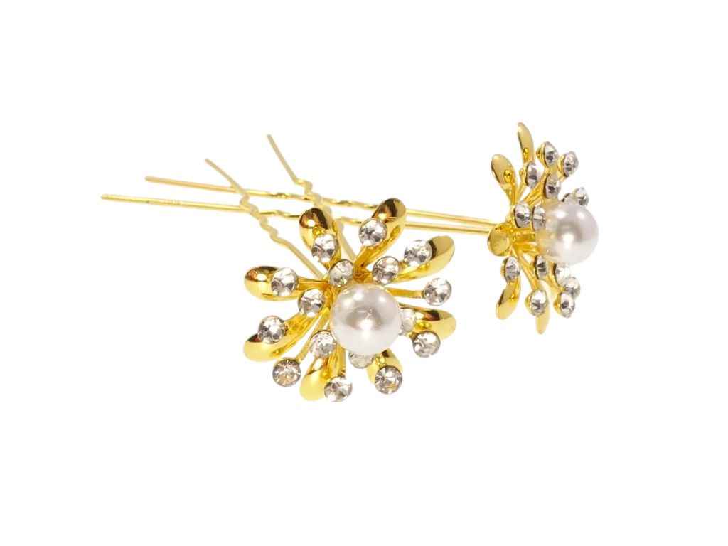 Шпильки для волосся 7,5см 20шт Золота квітка зі стразами та перлиною арт.085854 ТМ XUPING Шпильки для волосся 7,5см 20шт Золота квітка зі стразами та перлиною арт.085854 ТМ XUPING