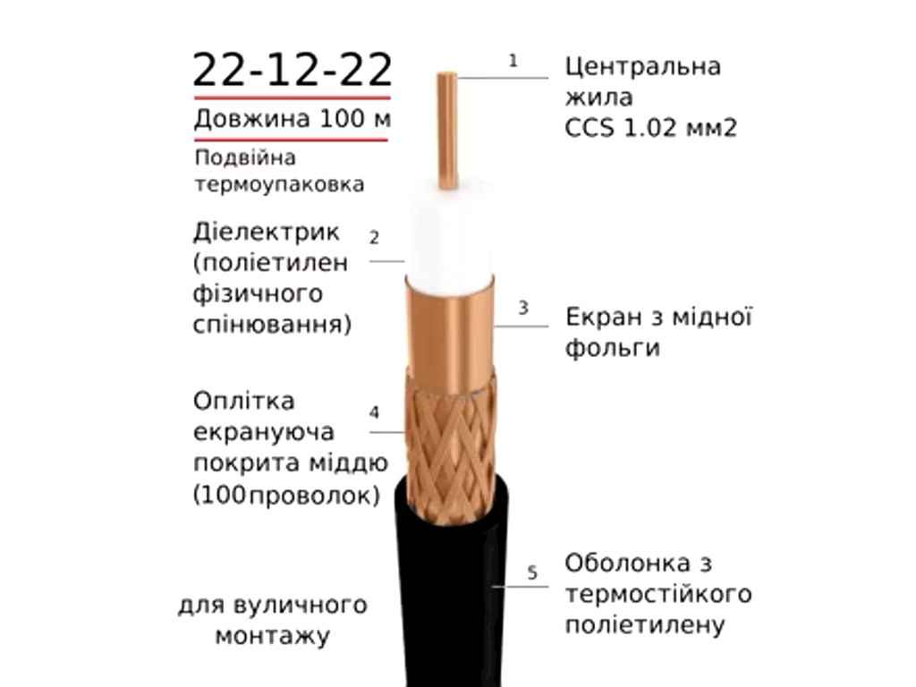 Кабель коаксіальний (телевізійний) RG-6U обміднена сталь 1.02 поліетилен 76 Ом (100 жил) чорний 100м 22-12-22 ТМ ELECTROHOUSE Кабель коаксіальний (телевізійний) RG-6U обміднена сталь 1.02 поліетилен 76 Ом (100 жил) чорний 100м 22-12-22 ТМ ELECTROHOUSE