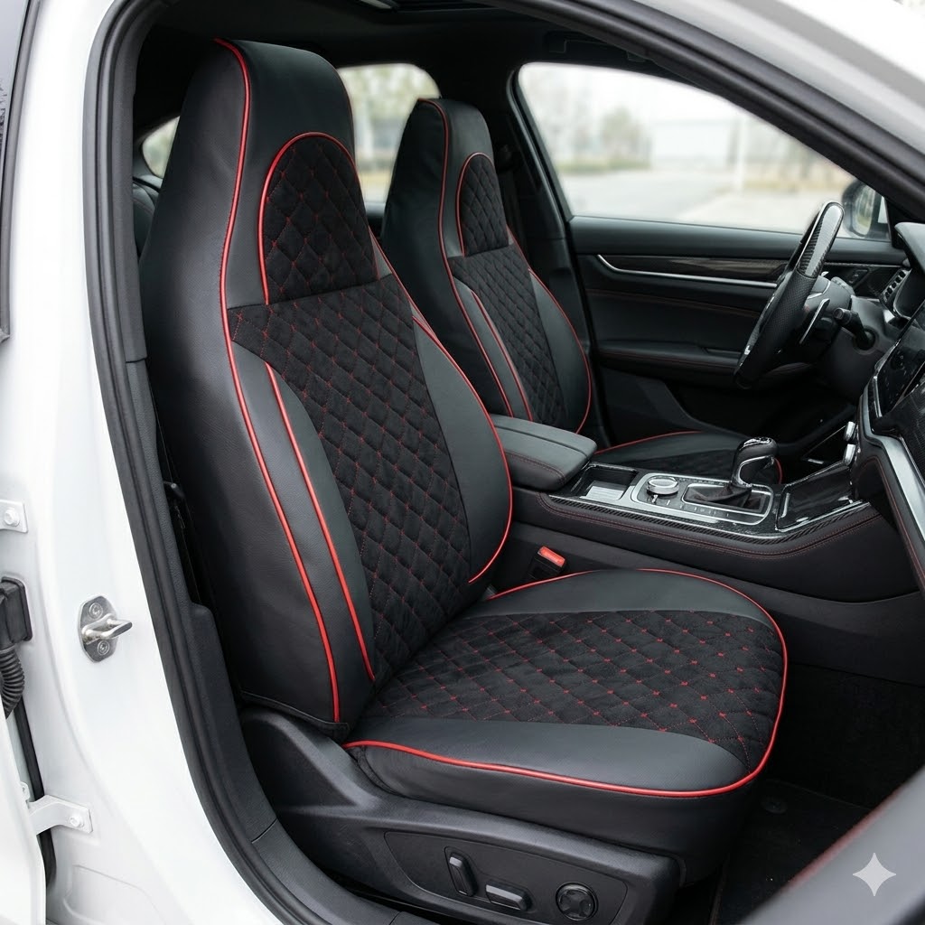 Чохли "PILOT" Lanos шкір.зам + тканина Алькантара Ромби червона нитка Чохли "PILOT" Lanos шкір.зам + тканина Алькантара Ромби червона нитка