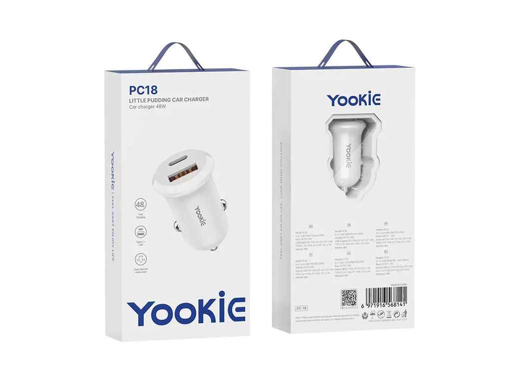 Автомобільний зарядний пристрій USB блочок PC18 1USB 48W PD білий ТМ YOOKIE Автомобільний зарядний пристрій USB блочок PC18 1USB 48W PD білий ТМ YOOKIE