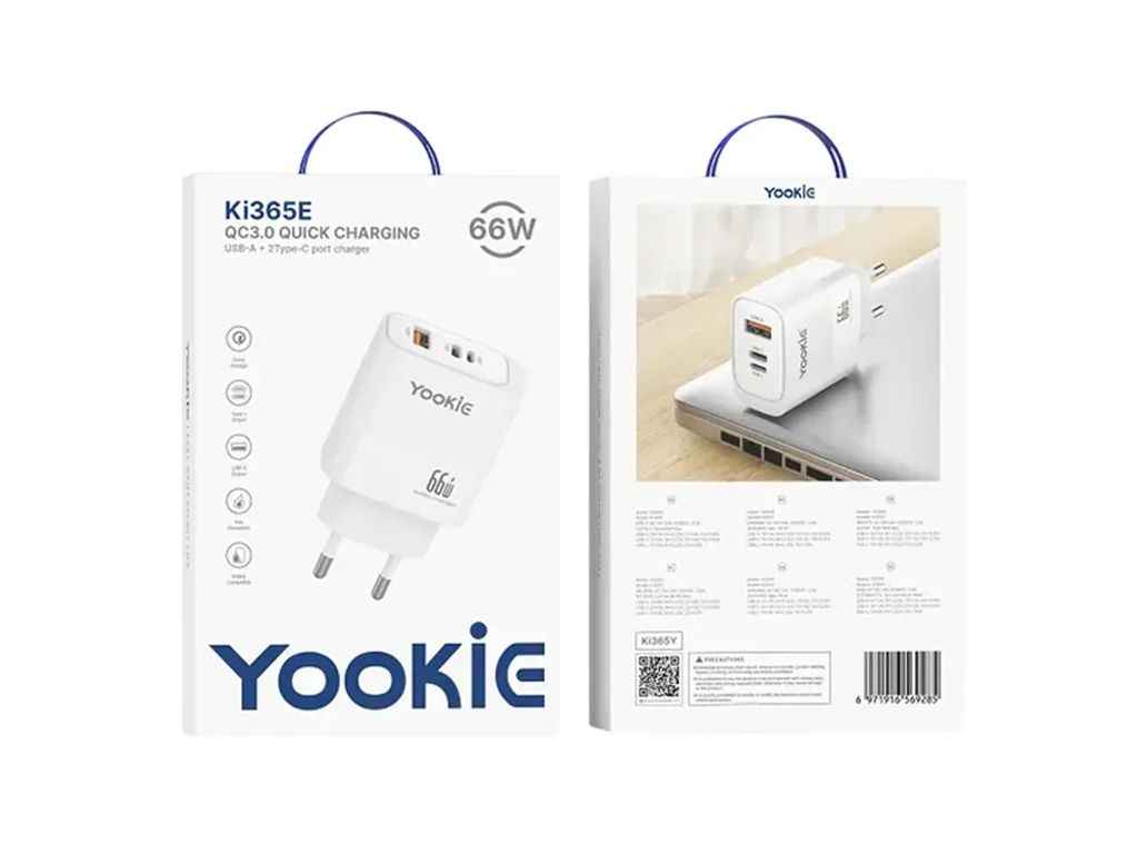 Мережевий зарядний пристрій USB KI365Y 1USB 66W 2PD білий ТМ YOOKIE Мережевий зарядний пристрій USB KI365Y 1USB 66W 2PD білий ТМ YOOKIE