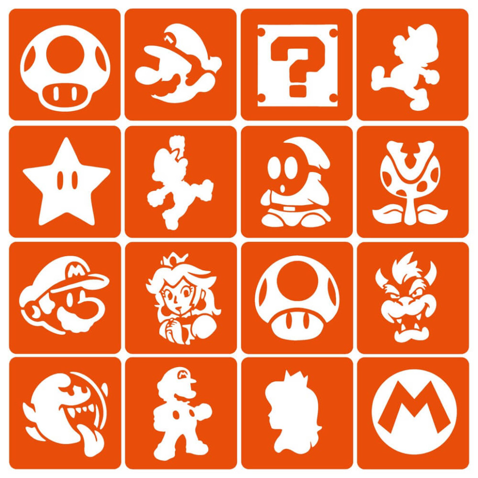 Набор трафаретов для био-тату "Super Mario" (super-mario-simple-16) 16 шт, 6х6 см Набор трафаретов для био-тату "Super Mario" (super-mario-simple-16) 16 шт, 6х6 см