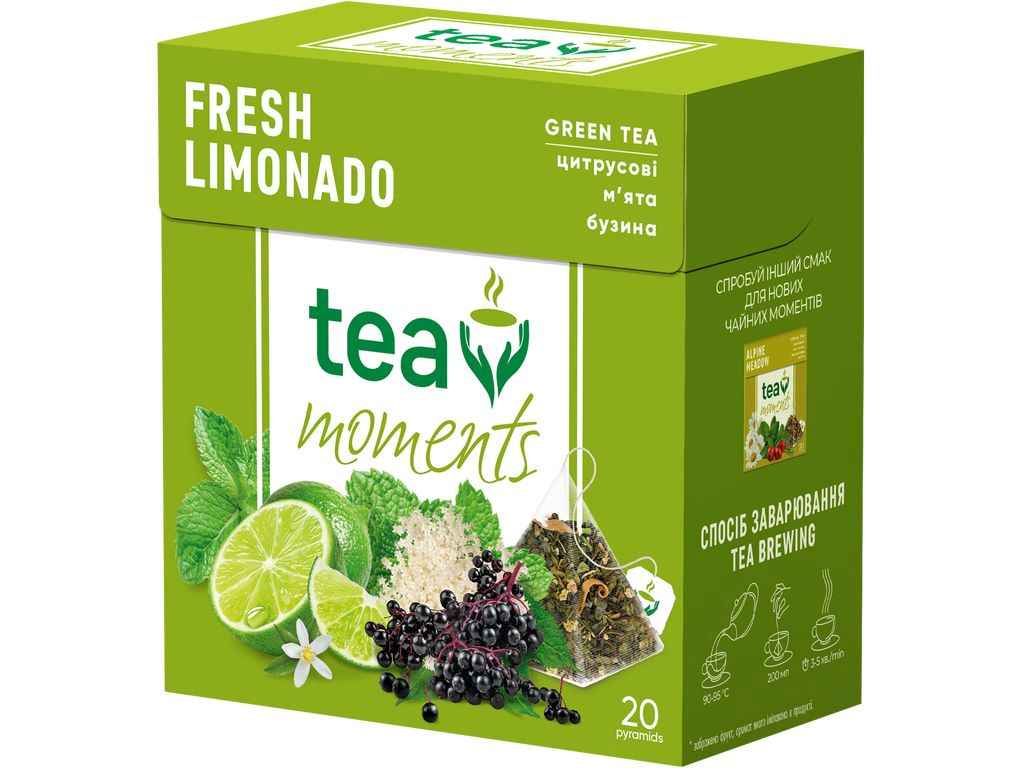 Чай фасований зелений Fresh Limonado 1,8г з мятою, бузиною та шмат.цитрусових ароматиз. 20 пакетиків ТМTEA MOMENTS Чай фасований зелений Fresh Limonado 1,8г з мятою, бузиною та шмат.цитрусових ароматиз. 20 пакетиків ТМTEA MOMENTS