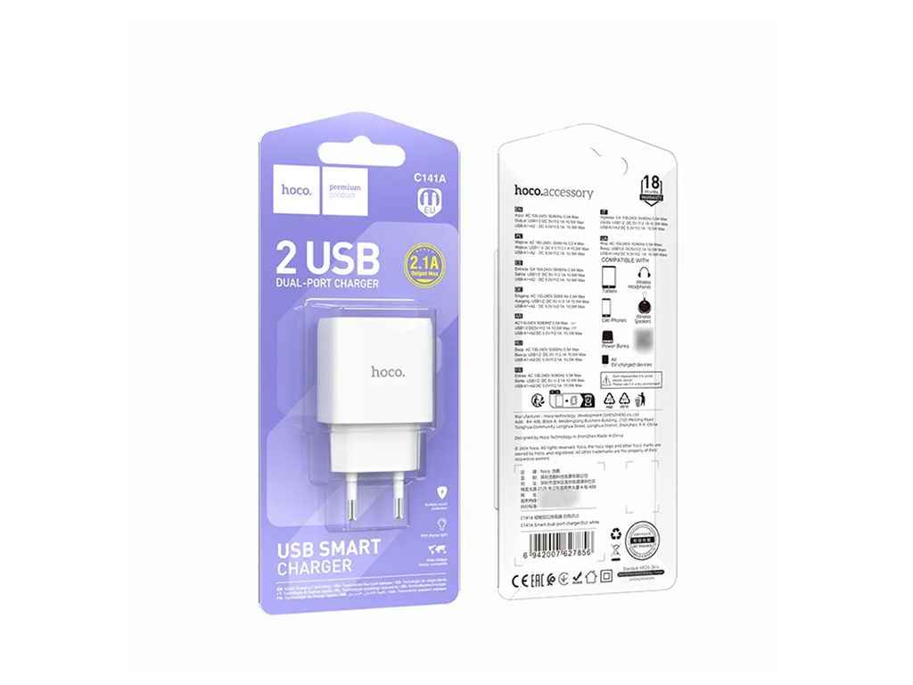 Мережевий зарядний пристрій USB C141A 2.1A/2USB білий ТМ HOCO Мережевий зарядний пристрій USB C141A 2.1A/2USB білий ТМ HOCO