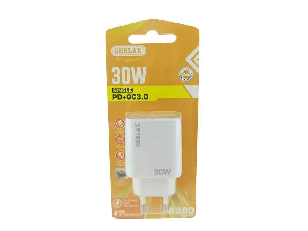 Мережевий зарядний пристрій USB A290 3A/1USB/PD30W/QC3.0 блістер білий ТМ GERLAX Мережевий зарядний пристрій USB A290 3A/1USB/PD30W/QC3.0 блістер білий ТМ GERLAX