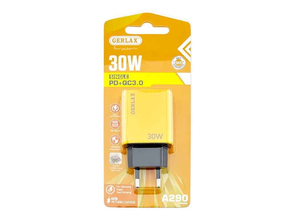 Мережевий зарядний пристрій USB A290 3A/1USB/PD30W/QC3.0 блістер жовтий ТМ GERLAX Мережевий зарядний пристрій USB A290 3A/1USB/PD30W/QC3.0 блістер жовтий ТМ GERLAX