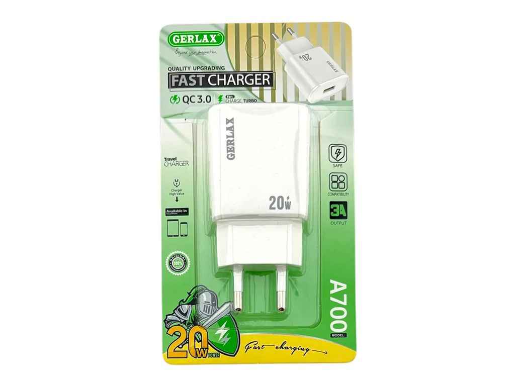 Мережевий зарядний пристрій USB A700 3A/1USB/20W/QC3.0/блістер білий ТМ GERLAX Мережевий зарядний пристрій USB A700 3A/1USB/20W/QC3.0/блістер білий ТМ GERLAX