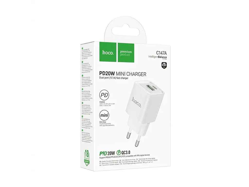 Мережевий зарядний пристрій USB C147A 1USB/PD20W/QC3.0 білий ТМ HOCO Мережевий зарядний пристрій USB C147A 1USB/PD20W/QC3.0 білий ТМ HOCO