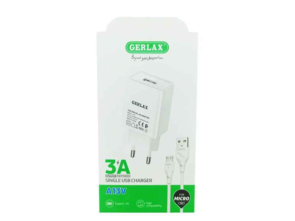 Мережевий зарядний пристрій microUSB A13V 3A/1USB/15W/QC3.0 білий 1м ТМ GERLAX Мережевий зарядний пристрій microUSB A13V 3A/1USB/15W/QC3.0 білий 1м ТМ GERLAX