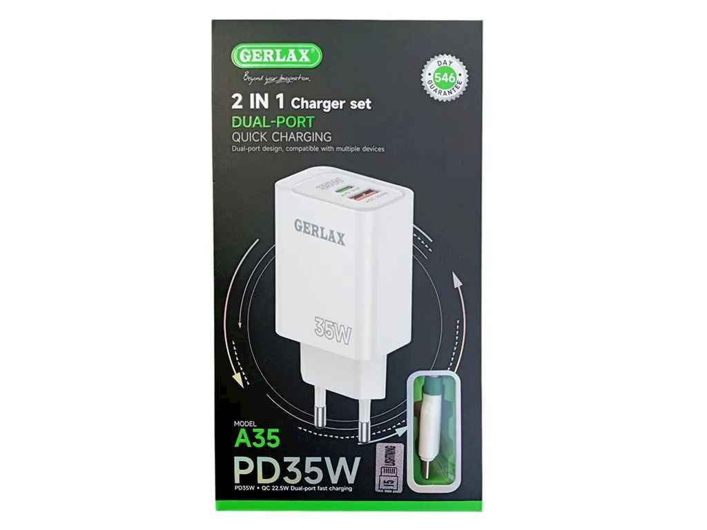Мережевий зарядний пристрій Type-C to iPhone Lightning A35L 3A/1USB/PD35W/QC3.0 білий 1м ТМ GERLAX Мережевий зарядний пристрій Type-C to iPhone Lightning A35L 3A/1USB/PD35W/QC3.0 білий 1м ТМ GERLAX