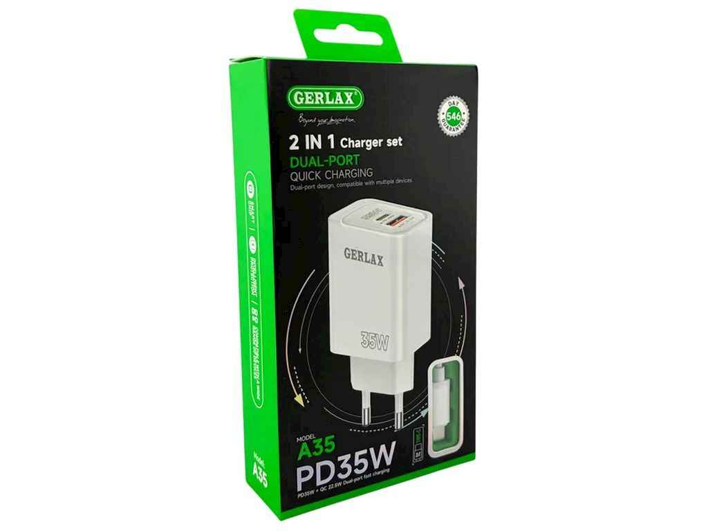 Мережевий зарядний пристрій Type-C to Type-C A35T 3A/1USB/QC3.0/PD35W білий ТМ GERLAX Мережевий зарядний пристрій Type-C to Type-C A35T 3A/1USB/QC3.0/PD35W білий ТМ GERLAX