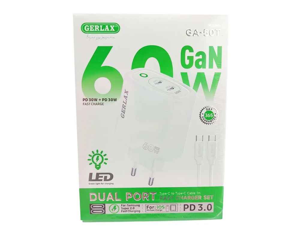 Мережевий зарядний пристрій Type-C to Type-C GA-50T 3A/2PD60W/QC3.0/GaN білий ТМ GERLAX Мережевий зарядний пристрій Type-C to Type-C GA-50T 3A/2PD60W/QC3.0/GaN білий ТМ GERLAX