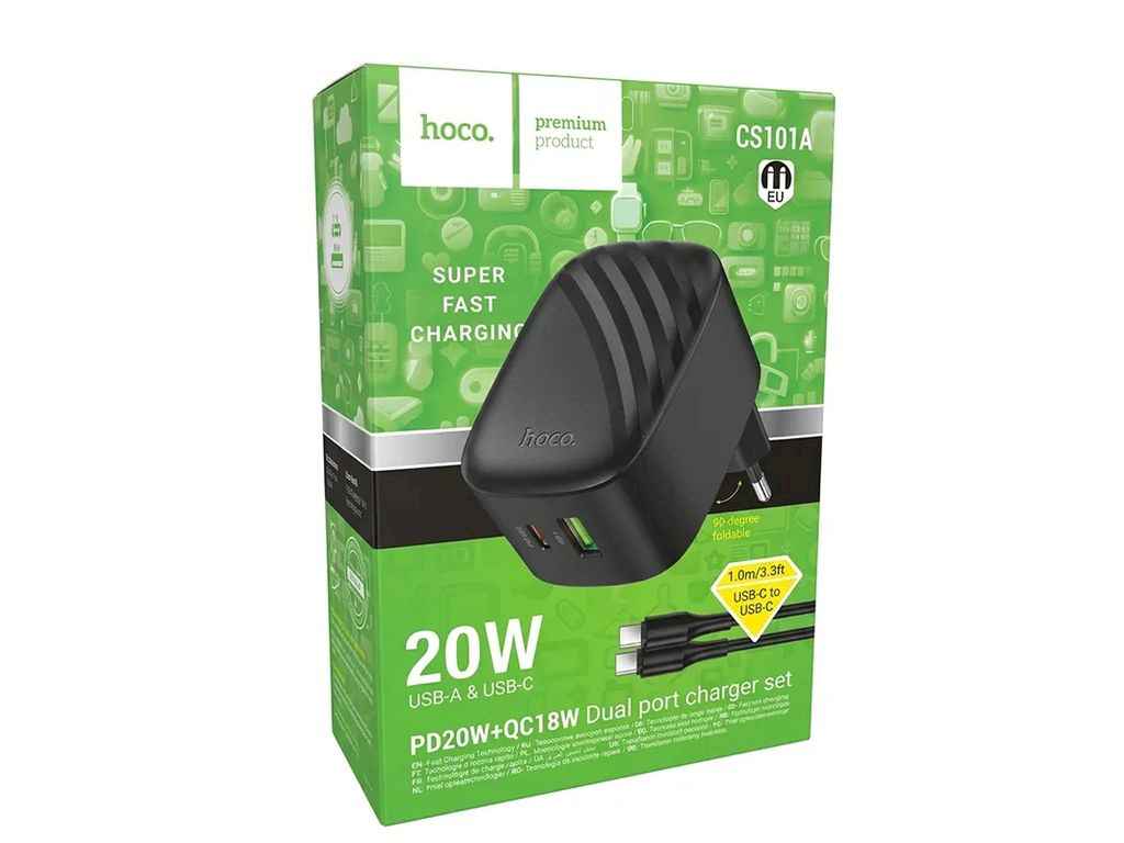 Мережевий зарядний пристрій Type-C to Type-C CS101A 3A/1USB/PD20W/QC3.0 чорний 1м ТМ HOCO Мережевий зарядний пристрій Type-C to Type-C CS101A 3A/1USB/PD20W/QC3.0 чорний 1м ТМ HOCO