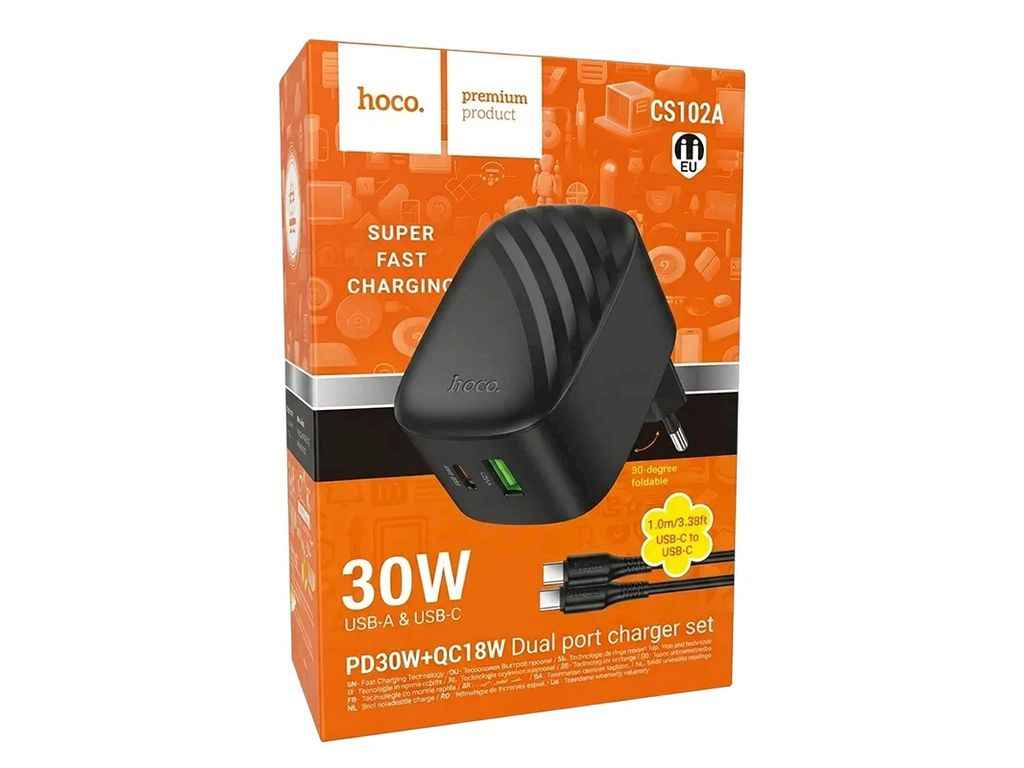 Мережевий зарядний пристрій Type-C to Type-C CS102A 3A/1USB/PD30W/QC3.0 чорний 1м ТМ HOCO Мережевий зарядний пристрій Type-C to Type-C CS102A 3A/1USB/PD30W/QC3.0 чорний 1м ТМ HOCO