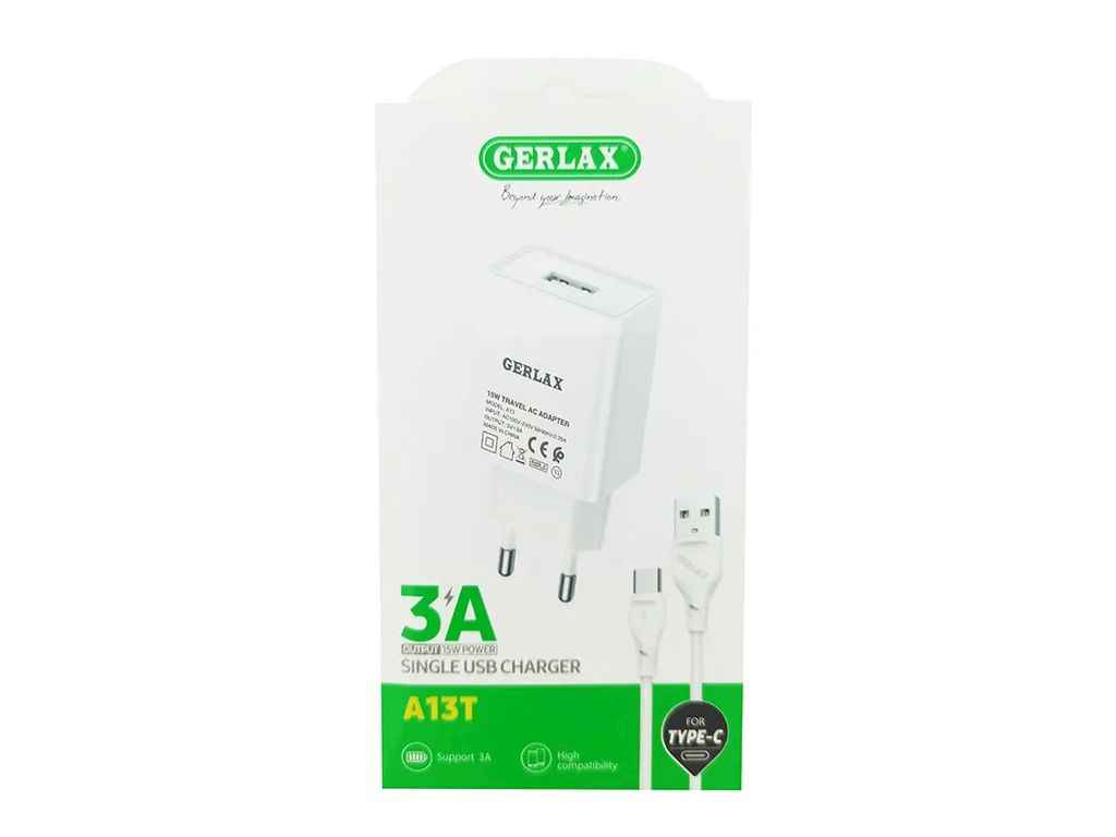 Мережевий зарядний пристрій Type-C A13T 3A/1USB/15W/QC3.0 білий 1м ТМ GERLAX Мережевий зарядний пристрій Type-C A13T 3A/1USB/15W/QC3.0 білий 1м ТМ GERLAX