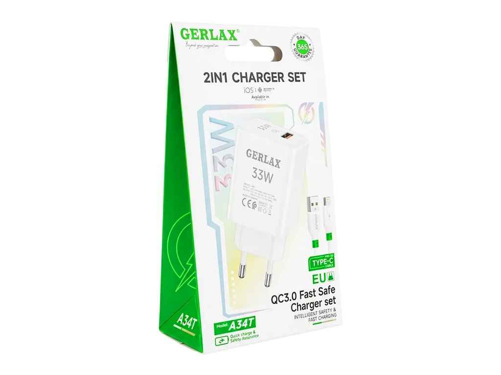 Мережевий зарядний пристрій Type-C A34T 3A/1USB/33W/QC3.0 білий 1м ТМ GERLAX Мережевий зарядний пристрій Type-C A34T 3A/1USB/33W/QC3.0 білий 1м ТМ GERLAX