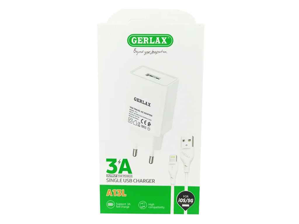 Мережевий зарядний пристрій для iPhone Lightning A13L 3A/1USB/15W/QC3.0 білий 1м ТМ GERLAX Мережевий зарядний пристрій для iPhone Lightning A13L 3A/1USB/15W/QC3.0 білий 1м ТМ GERLAX