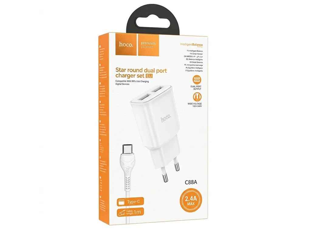 Мережевий зарядний пристрій для iPhone Lightning C88A 2.4A/2USB білий 1м ТМ HOCO Мережевий зарядний пристрій для iPhone Lightning C88A 2.4A/2USB білий 1м ТМ HOCO