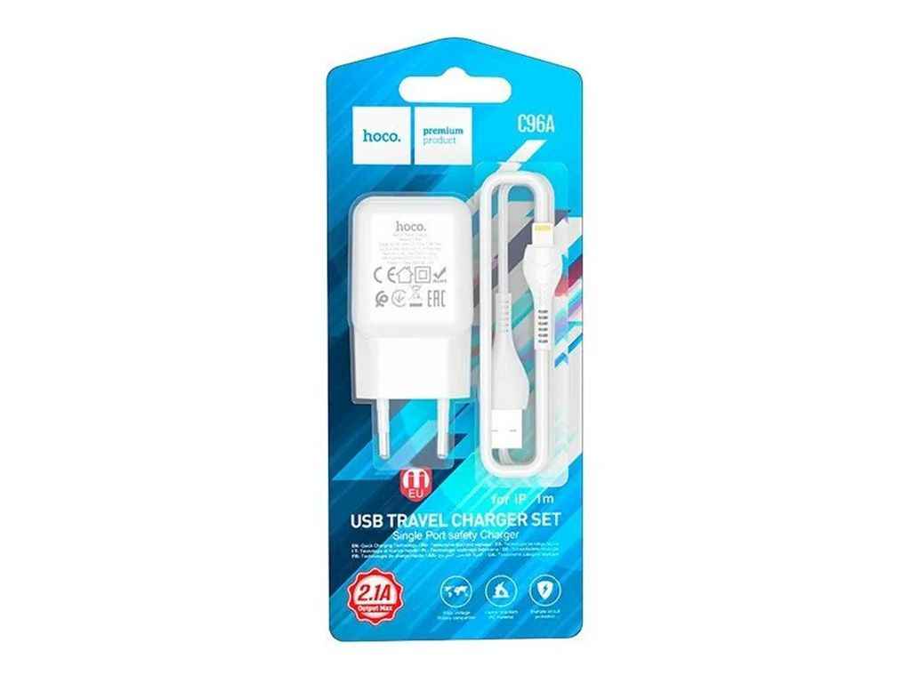 Мережевий зарядний пристрій для iPhone Lightning C96A 2.1A/1USB/блістер білий 1м ТМ HOCO Мережевий зарядний пристрій для iPhone Lightning C96A 2.1A/1USB/блістер білий 1м ТМ HOCO