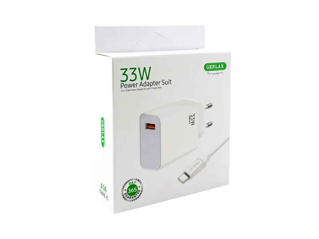 Мережевий зарядний пристрій Type-C A14 1USB/33W білий 1м ТМ GERLAX Мережевий зарядний пристрій Type-C A14 1USB/33W білий 1м ТМ GERLAX
