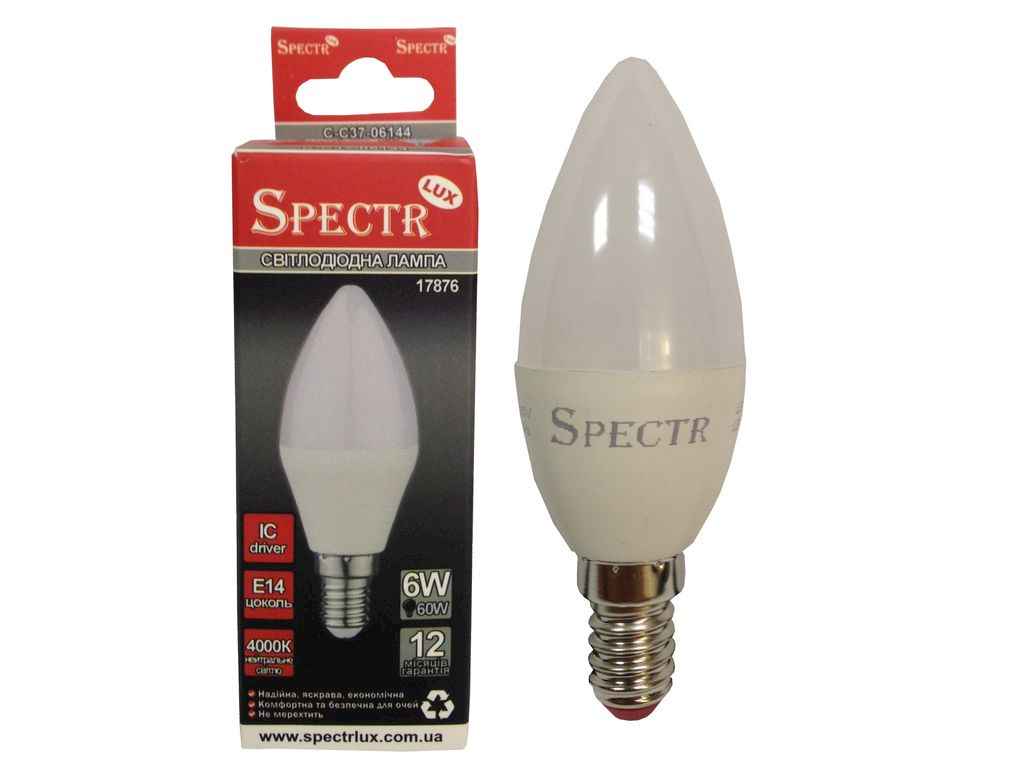 Лампа світлодіодна 6W E14 ДС 4000K 540Lm C-C37-06144 (17876) ТМ SPECTR LUX Лампа світлодіодна 6W E14 ДС 4000K 540Lm C-C37-06144 (17876) ТМ SPECTR LUX