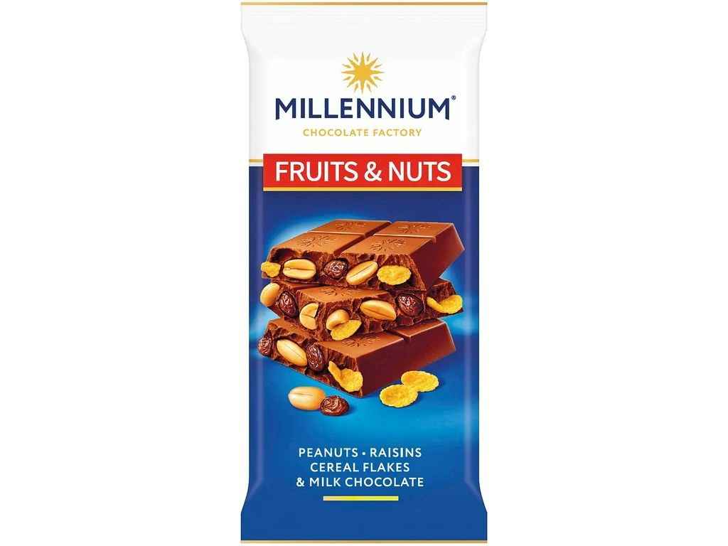 Шоколад молочний 90г FruitsNuts з арахісом, родз., злаками, пласт. та мигдалем 90г ТМMILLENNIUM Шоколад молочний 90г FruitsNuts з арахісом, родз., злаками, пласт. та мигдалем 90г ТМMILLENNIUM