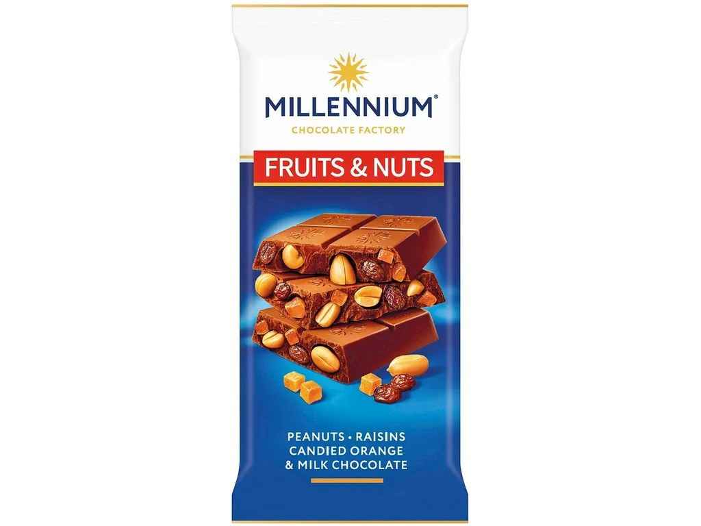 Шоколад молочний 90г FruitsNuts з арахісом, цукатами, родз. та мигдалем 90г ТМMILLENNIUM Шоколад молочний 90г FruitsNuts з арахісом, цукатами, родз. та мигдалем 90г ТМMILLENNIUM
