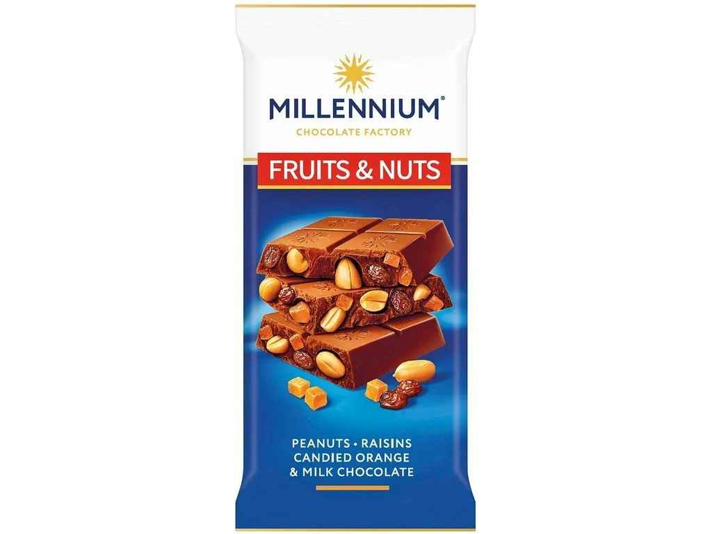 Шоколад молочний 90г FruitsNuts з арахісом, з бісквіт., курагою та мигдалем 90г ТМMILLENNIUM Шоколад молочний 90г FruitsNuts з арахісом, з бісквіт., курагою та мигдалем 90г ТМMILLENNIUM