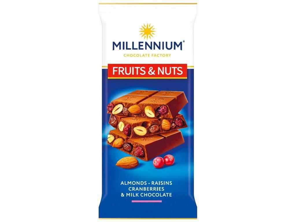 Шоколад молочний 90г FruitsNuts з мигдалем, журавлиною та родзинками 90г ТМMILLENNIUM Шоколад молочний 90г FruitsNuts з мигдалем, журавлиною та родзинками 90г ТМMILLENNIUM