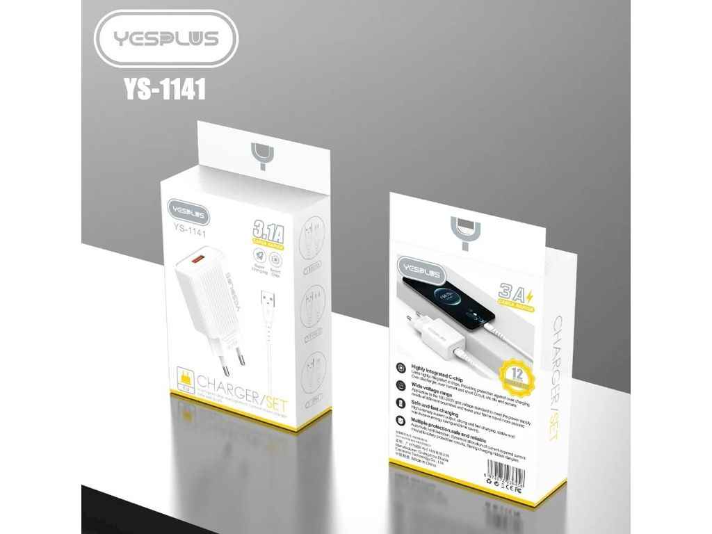 Мережевий зарядний пристрій USB-A 3,1A Кабель USB - Micro 1м білий YS-1141 ТМ YESPLUS Мережевий зарядний пристрій USB-A 3,1A Кабель USB - Micro 1м білий YS-1141 ТМ YESPLUS