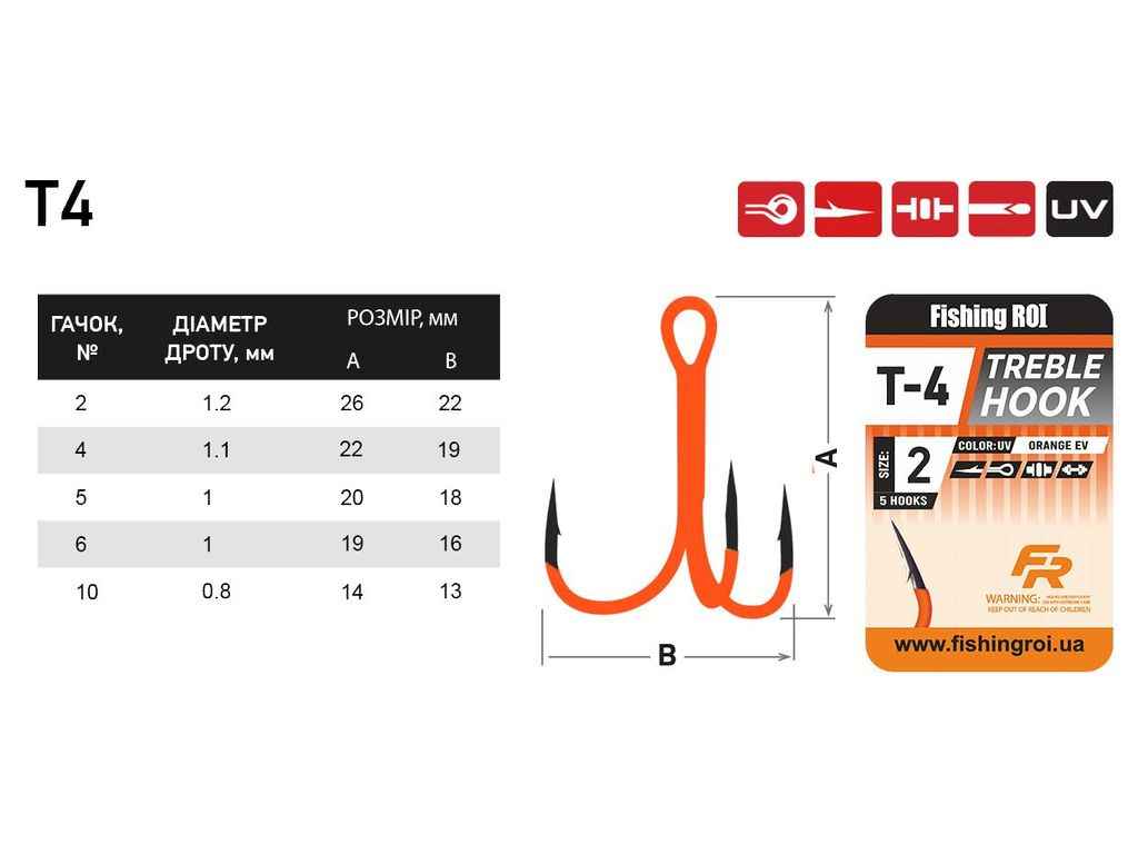 Гачок потрійний 10 (5шт/уп) T-4 UV Orange 33-08-010 ТМ FISHING ROI Гачок потрійний 10 (5шт/уп) T-4 UV Orange 33-08-010 ТМ FISHING ROI