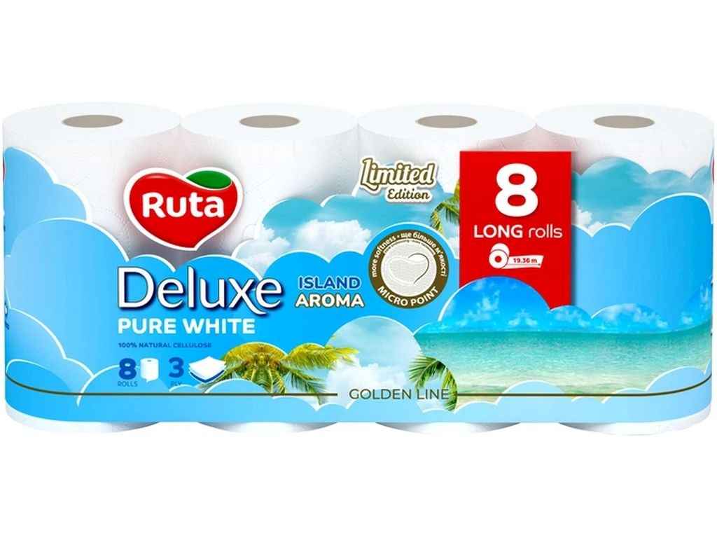 Туалетний папір 8шт 3шари Pure White Deluxe Білий ТМ RUTA Туалетний папір 8шт 3шари Pure White Deluxe Білий ТМ RUTA