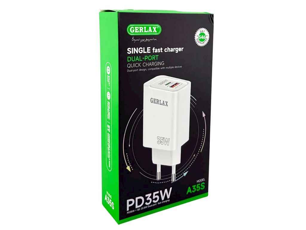 Мережевий зарядний пристрій USB A35S 3A 1USB PD35W QC3.0 білий ТМ GERLAX Мережевий зарядний пристрій USB A35S 3A 1USB PD35W QC3.0 білий ТМ GERLAX