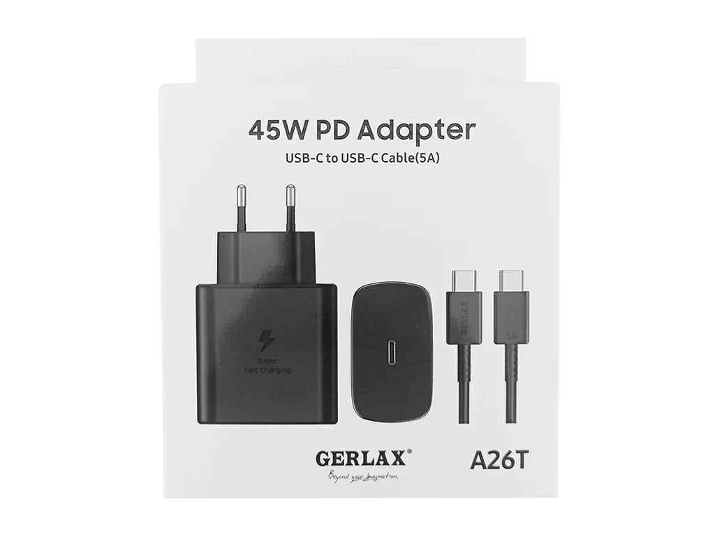 Мережевий зарядний пристрій Type-C to Type-C A26T 3A QC3.0 45W чорний ТМ GERLAX Мережевий зарядний пристрій Type-C to Type-C A26T 3A QC3.0 45W чорний ТМ GERLAX